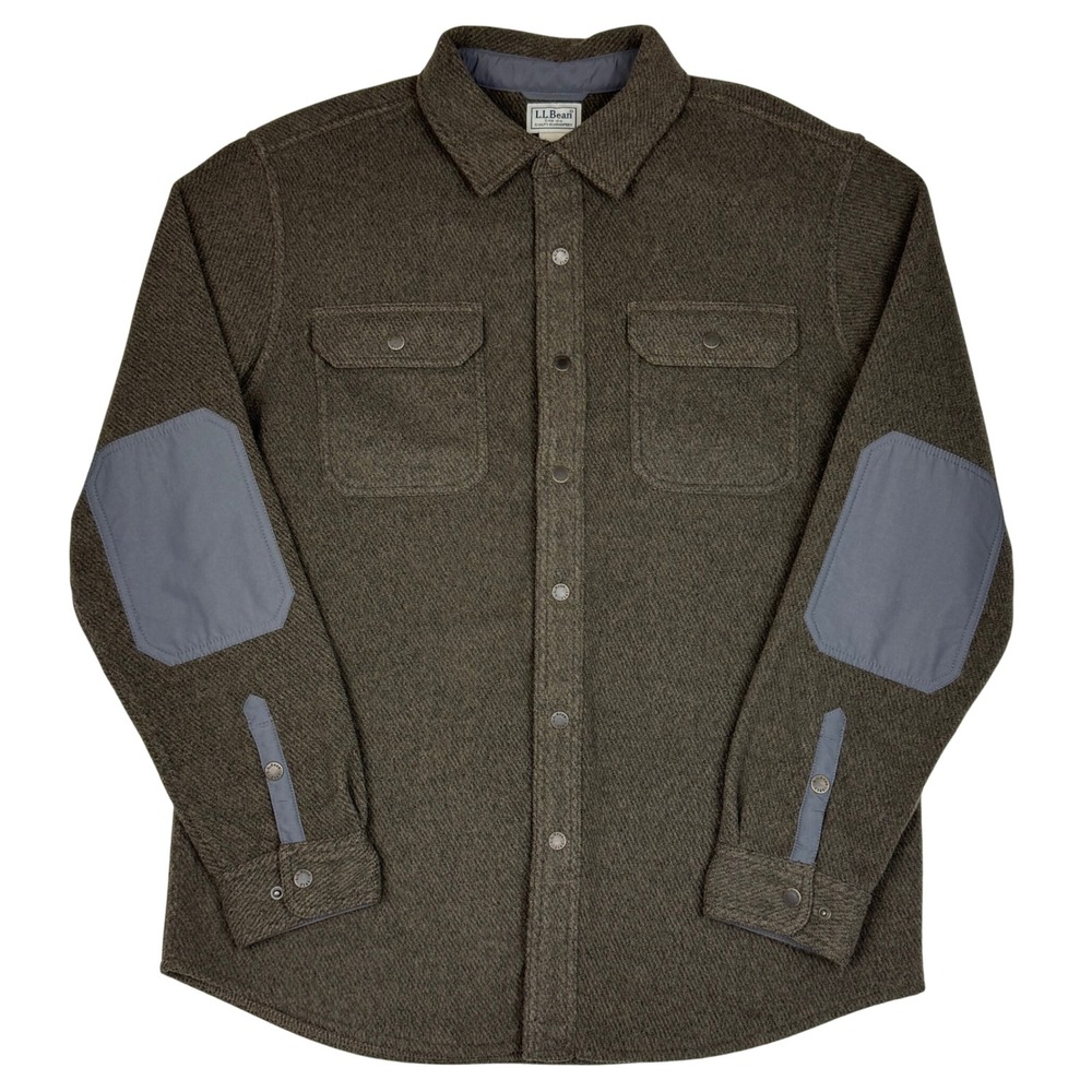 LL Bean Fleece Shirt Jacket Elbow Patches Mens Medium Brown Gray Shacket Cabin